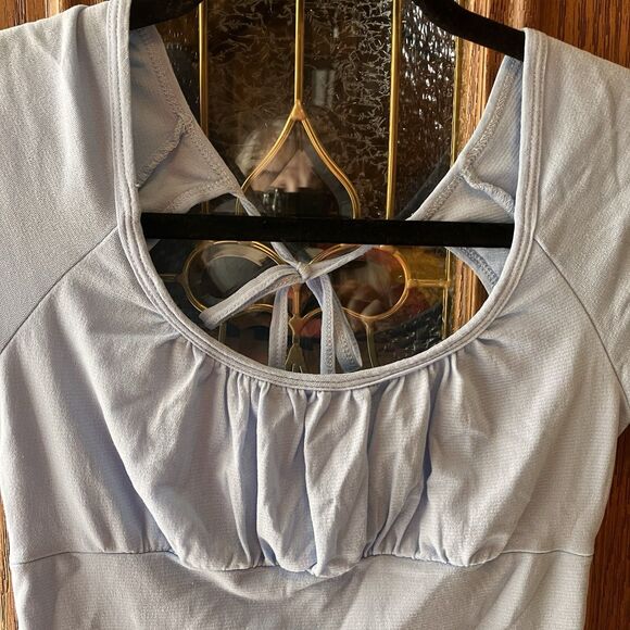 VTG US Boys Women's Bow Back Tie Empire Cut Top Cap Sleeve Cool Blue Size M Y2K - Picture 2 of 8